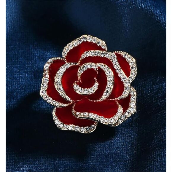 Women's Crystal Rhinestone Red Flower Camellia Pin Brooch Ladies' Fashion Red - Picture 2 of 6